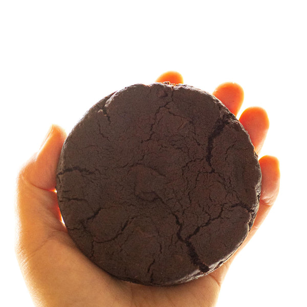 Vegan, gluten free, 4-oz double chocolate cookie. Soft-baked, decadent cookies. No soy.